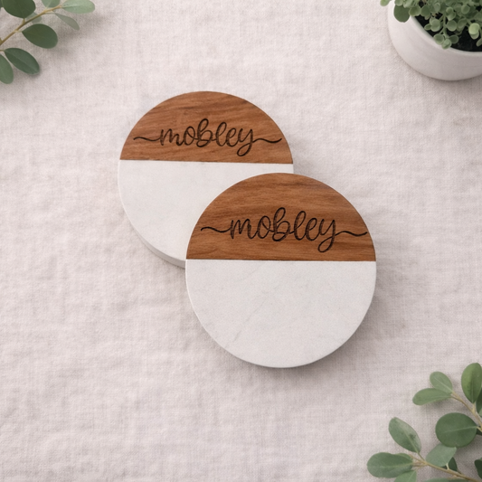 Personalized Marble + Wood Coasters - Circle