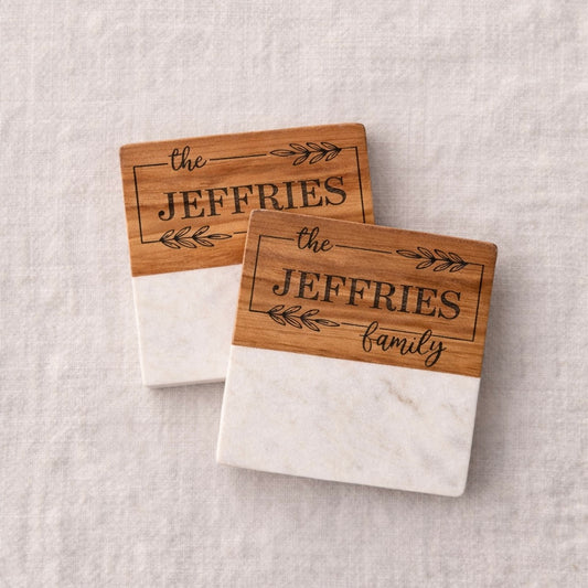 Personalized Marble + Wood Coasters - Square