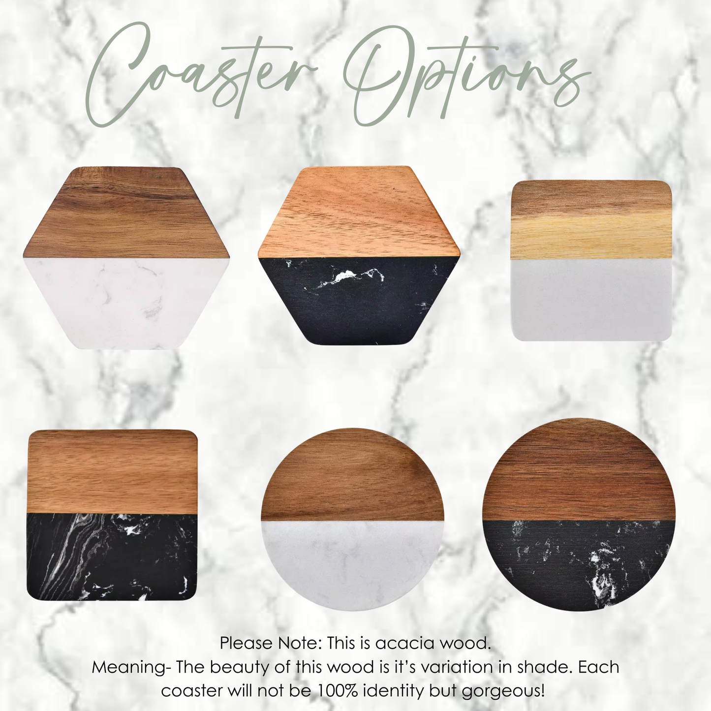 Personalized Marble + Wood Coasters - Square