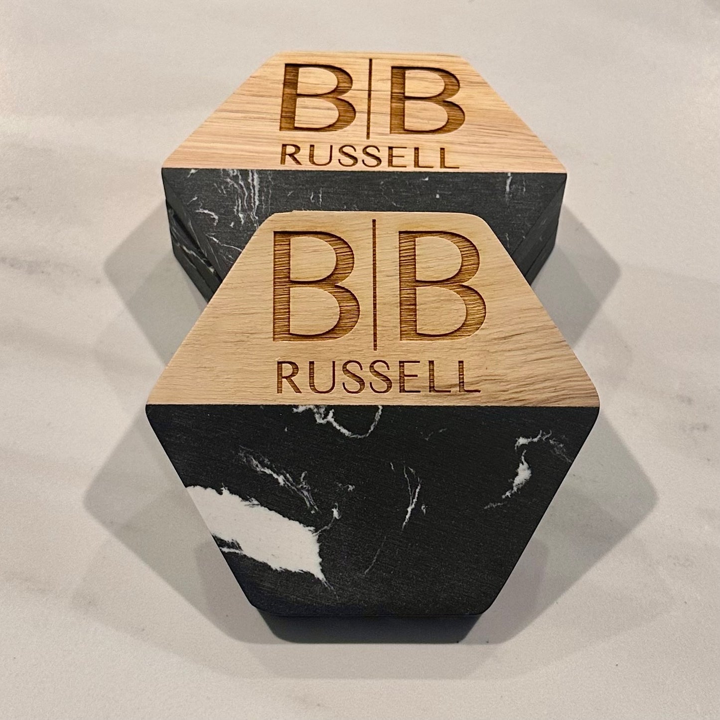 Personalized Marble + Wood Coasters - Hexagon