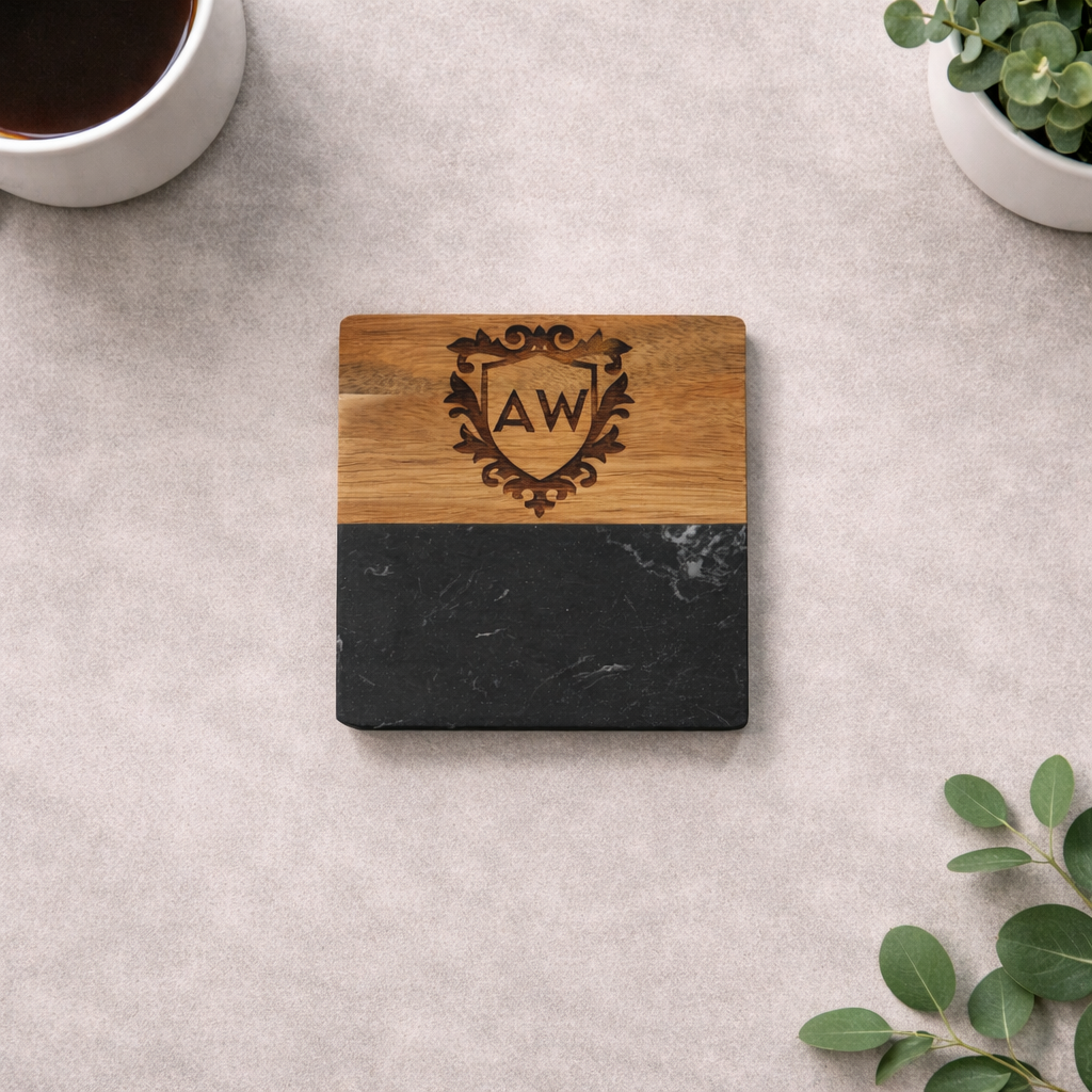 Personalized Marble + Wood Coasters - Square