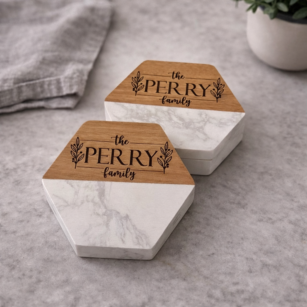 Personalized Marble + Wood Coasters - Hexagon