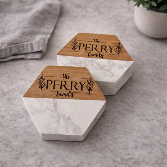 Personalized Marble + Wood Coasters - Hexagon