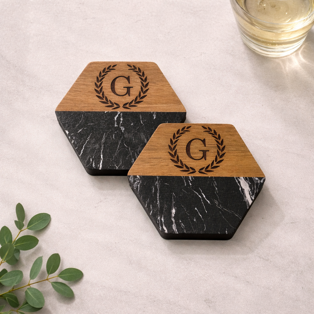Personalized Marble + Wood Coasters - Hexagon