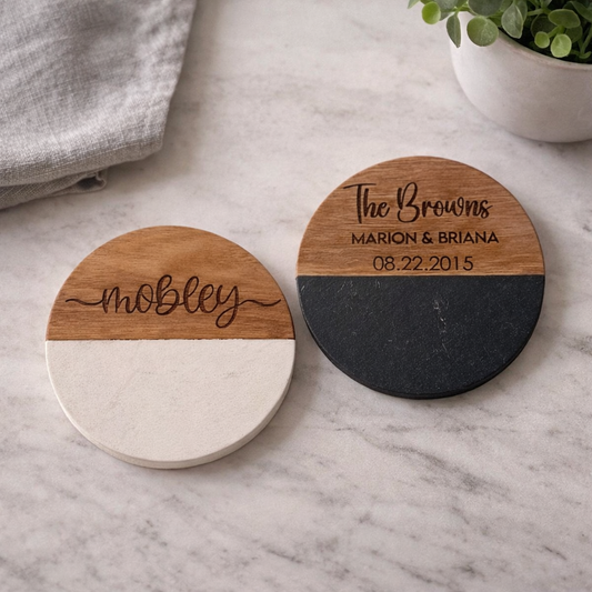 Personalized Marble + Wood Coasters - Circle